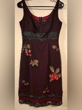 Vintage Y2K Adrianna Papell Red Black Embroidered Sheer Dress- Size 4